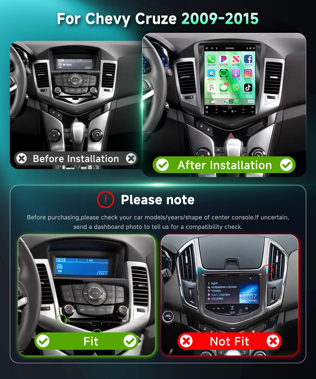 8Core 6G+128G Car Stereo for Chevy Cruze 2009-2015, Android 15 Radio with DSP 32-EQ,9.7Inch IPS Vertical Touch Screen,Wireless Carplay/Android Auto,GPS,WiFi,FM/RDS,SWC,Backup Camera