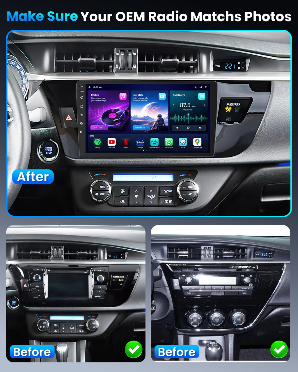 12 Core 6+128G Car Radio for Toyota Corolla 2014-2016: Upgrade 10 Inch 1280 * 800 IPS Touchscreen Stereo Wireless Carplay Android Auto 1080P Backup Camera Bluetooth GPS 5G WiFi FM DSP SWC Mirror Link
