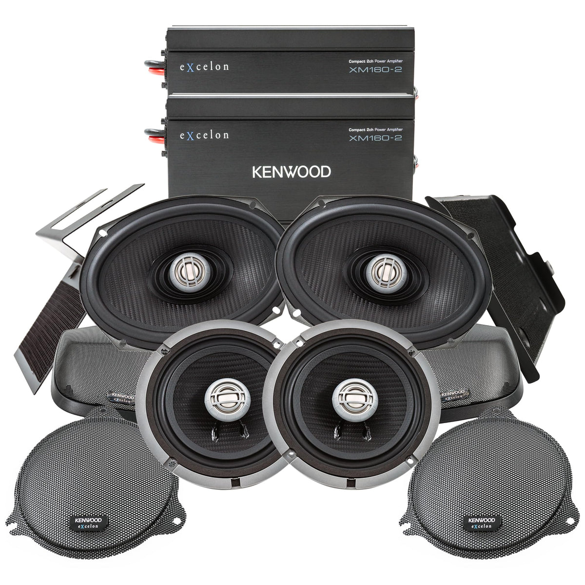 Kenwood Excelon P-HD3FR Audio Package for Select 2014-Up Harley-Davidson Models - (2) XM160-2 Audio Amplifier, (2) 6.5" Excelon XM65F & (2) 6"x9" XM69R Motorcycle Speakers, CA-CUT14 Saddlebag Kit