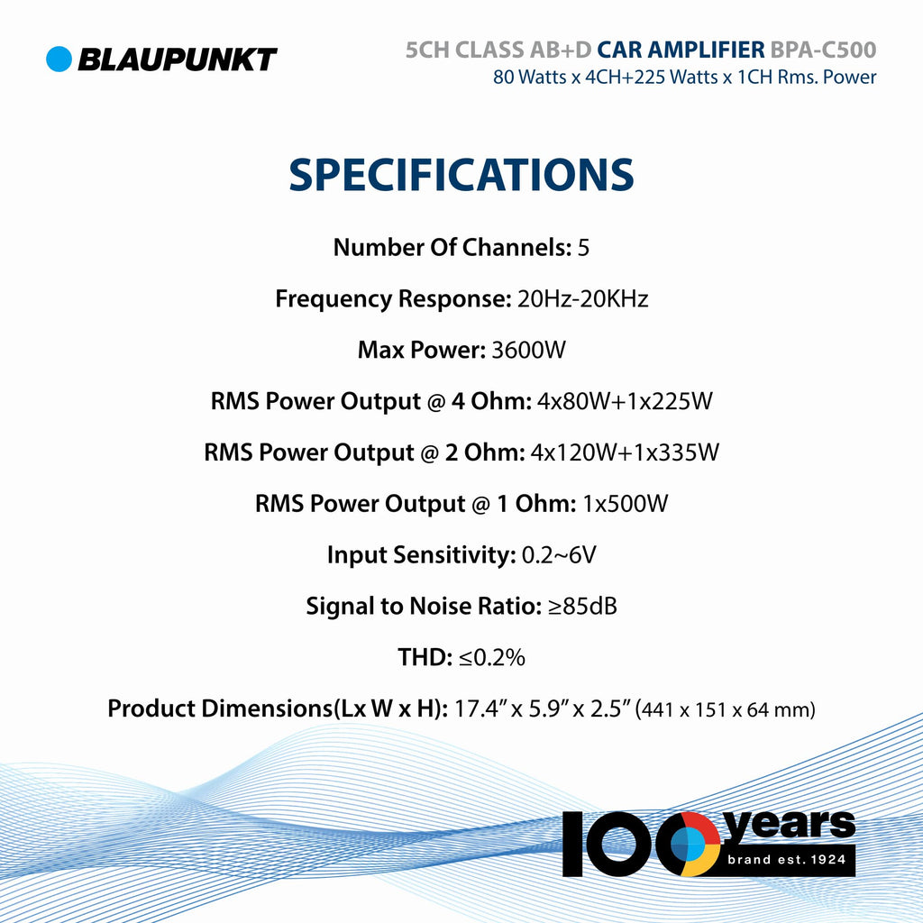 Blaupunkt BPA-C500 Car Audio Class AB + Class D 5-Channel 3600W Stereo Amplifier