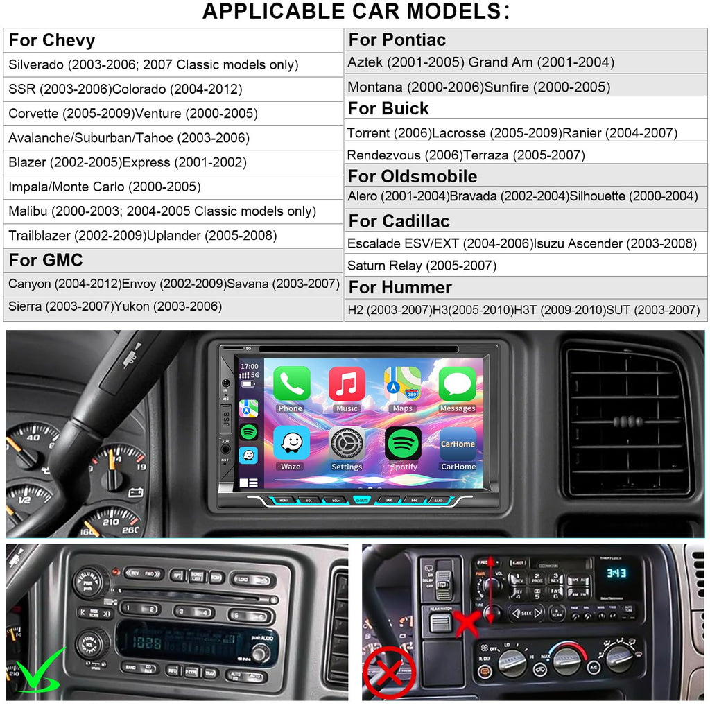 Plug&Play DVD/CD Car Radio for Chevy Silverado/Avalanche/Suburban/Tahoe/SSR 2003-2006,GMC Sierra/Savana/Yukon/Yukon XL 2003-2006, 7" Screen with CarPlayAndroid Auto, AM/FM/Subwoofer /30 EQ