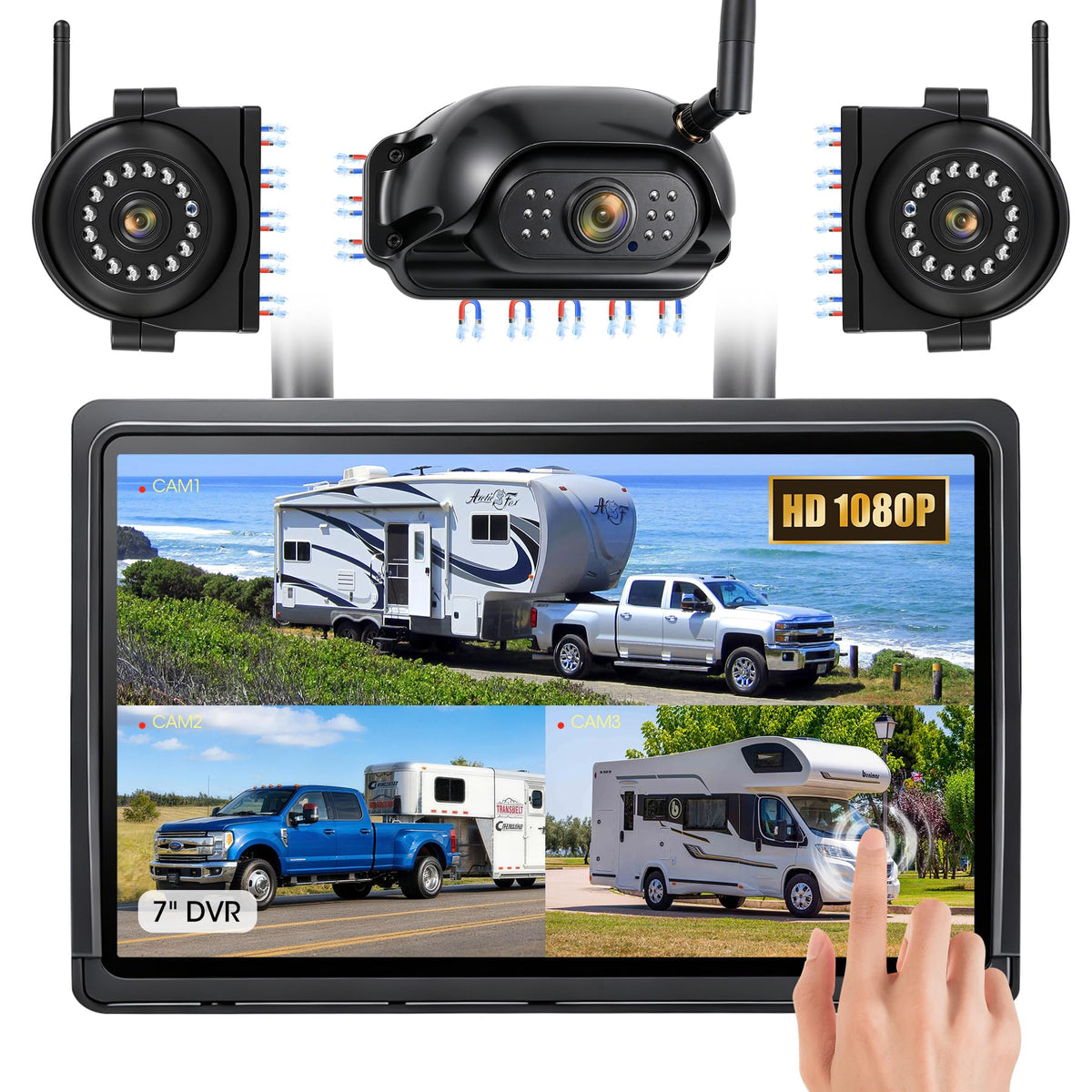 Magnetic Wireless RV Backup Camera System, 7" 1080P Touchscreen & 3 Cameras, Compatible with Furrion Pre-Wired Plug, DVR Monitor, Waterproof Night Vision Camera for Trailer Truck, A13