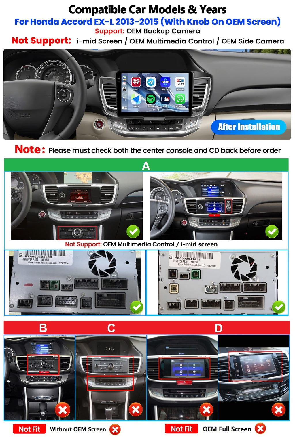 4G+128G Car Radio Stereo for Honda Accord 2013 2014 2015 (with Knob on OEM Screen) with Wireless CarPlay Android Auto/Android 15/10 inch 1280 * 720 in-Cell Touch Screen/GPS/Bluetooth/Backup Camera