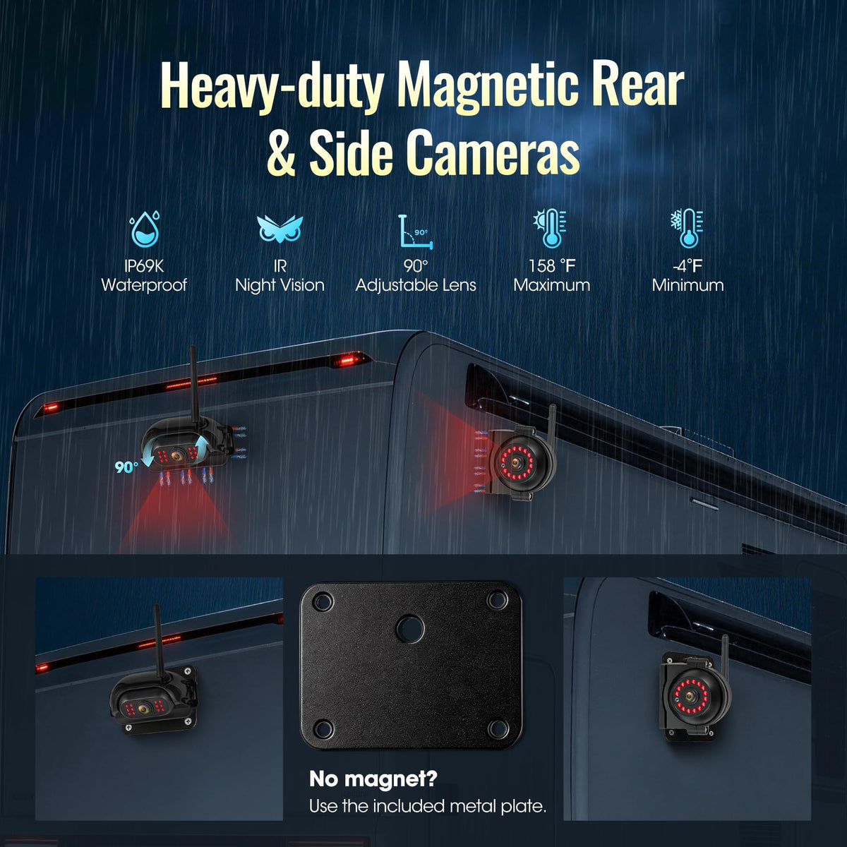 Magnetic Wireless RV Backup Camera System, 7" 1080P Touchscreen & 3 Cameras, Compatible with Furrion Pre-Wired Plug, DVR Monitor, Waterproof Night Vision Camera for Trailer Truck, A13