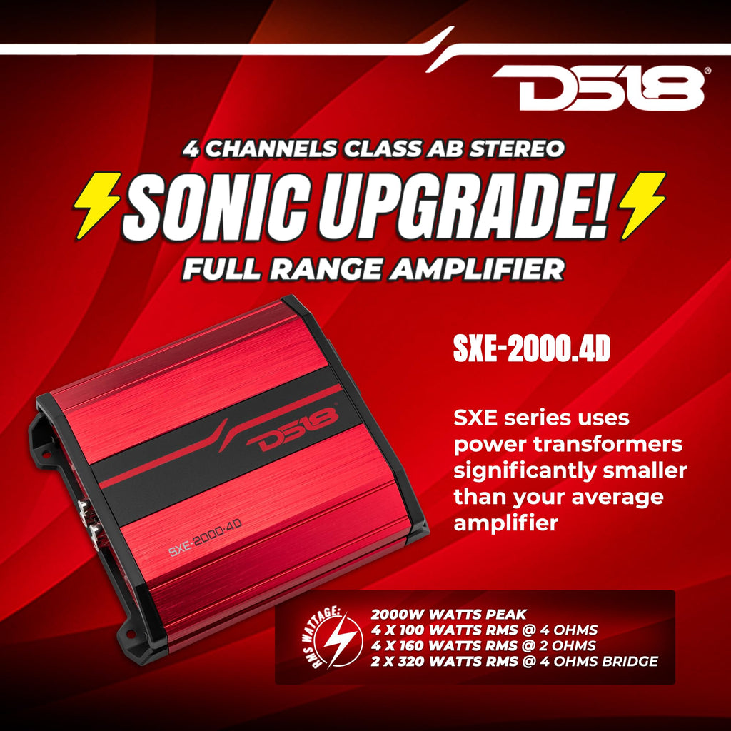 DS18 SXE-2000.4D/RD 4-Channel Car Amplifier Class D Full Range 4X 150 Watts RMS @ 4-ohm - Powerful and Compact Amp for Speakers in Car Audio System - Bridgeable Amp 4 Channels 2000 Watts Max Power