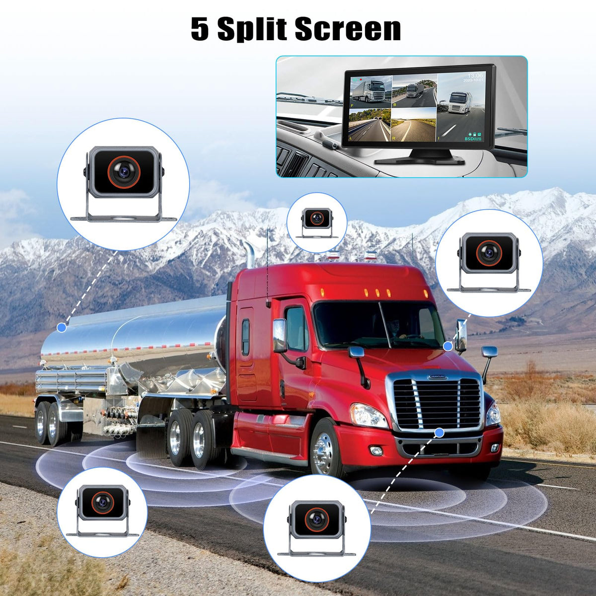 10.36 inch Backup Camera for RV Trucks Pickups Bus Trailers Caravans IPS HD Screen DVR Recording Reverse Monitor 5 Split Screen Waterproof Night Vision Stable Signal DIY Parking Lines