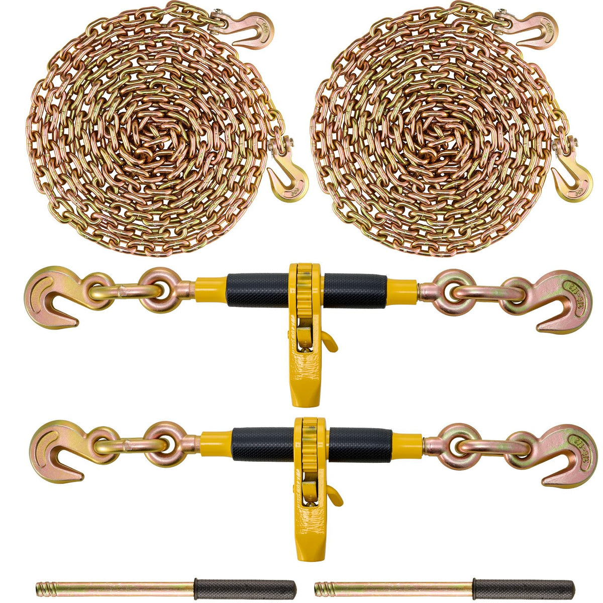 Ratchet Chain Binder 2PCS, 3/8"-1/2" Heavy-Duty Load Binders, Featuring G80 Chains 12000 lbs Secure Limit, Labor-Saving Anti-Skid Handle, Tie Down Hauling for Flatbed Truck Trailer