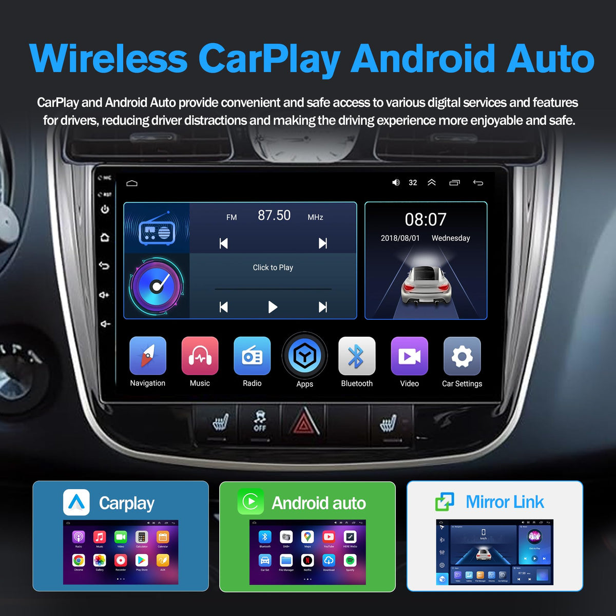 [4+64G ROM] Car Radio with 7inch Android 13 Touch Screen Radio with Wireless Carplay Android Auto GPS Bluetooth WiFi SWC FM RDS Mirror Link Backup Camera for GMC Savana 2008-2019