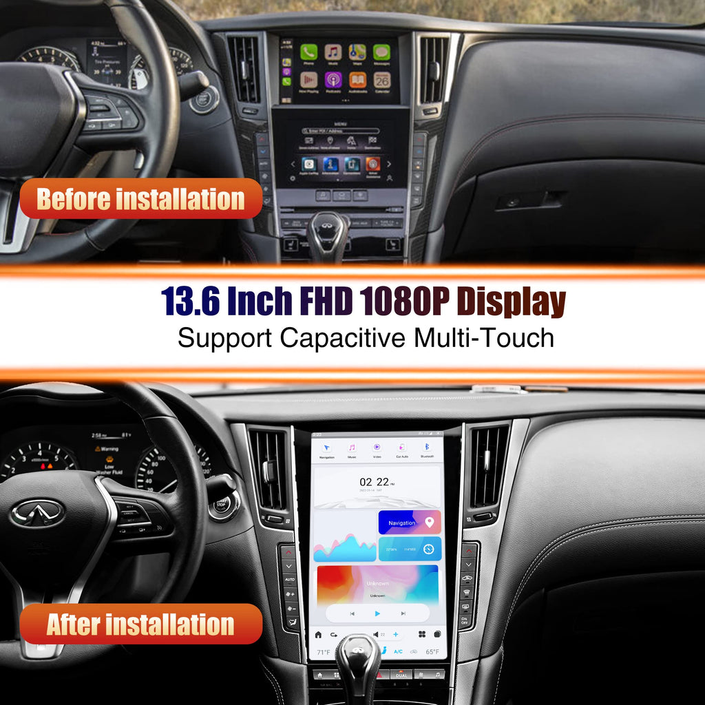 Aucar Mark 6 13.6 Inch T-Style Android Car Radio Head Unit for Infiniti Q50 Q50S Q60 Q60S, 1080P Multimedia Stereo Video Player with Wireless Carplay, GPS Navigation, OEM Functions 8+128 GB 2014-2019