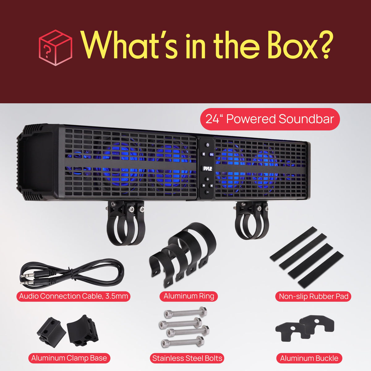 Pyle 24" Powered ATV/UTV Soundbar System - 40 Bluetooth Speakers with Built-in Amplifier, Waterproof and Weatherproof, Wireless BT Streaming and Auxiliary Input, LED Lights