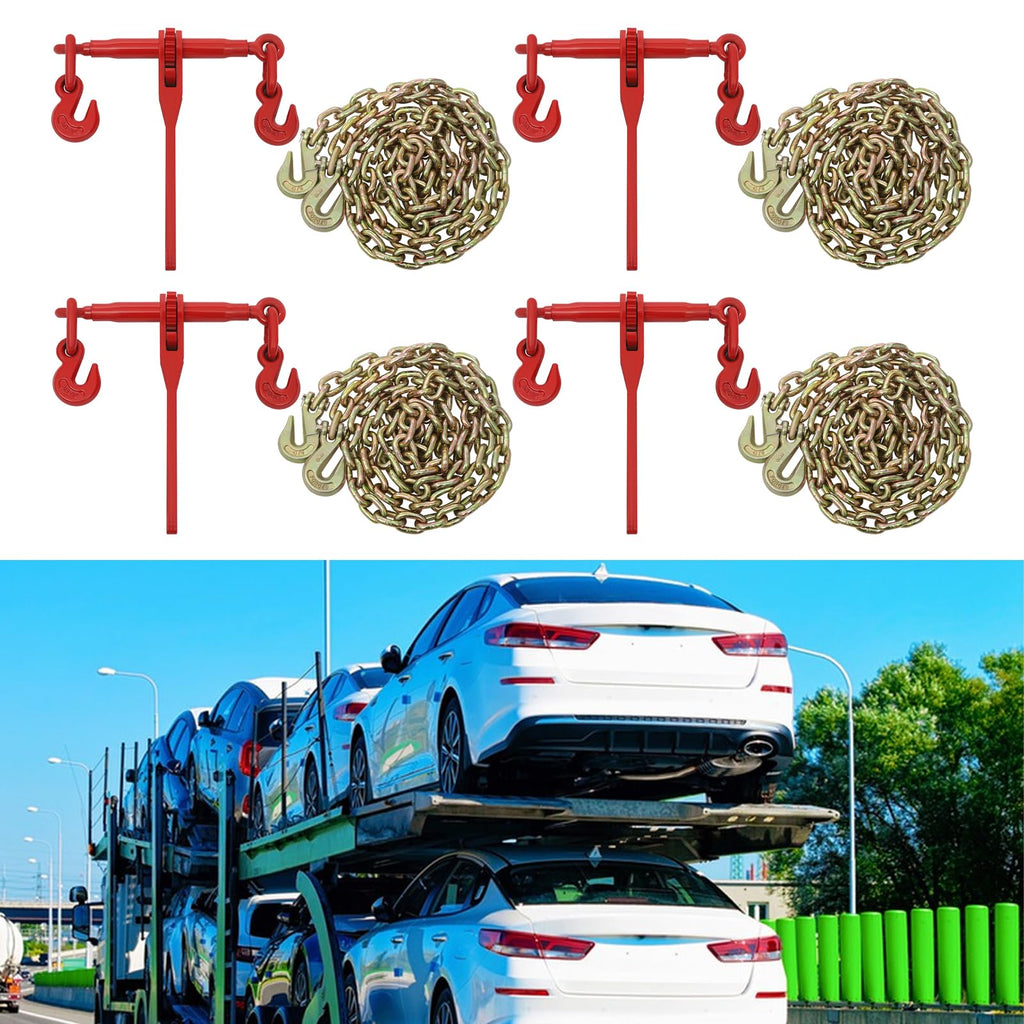 4 Sets Cargo Chain Binder Kit 3/8"-1/2”with 4 Long 10Ft Chains, Load Binder Set Heavy Duty Ratcheting Binders and Chains Load Chain and Binders,6,600lb Working Load Limit As Set,Red