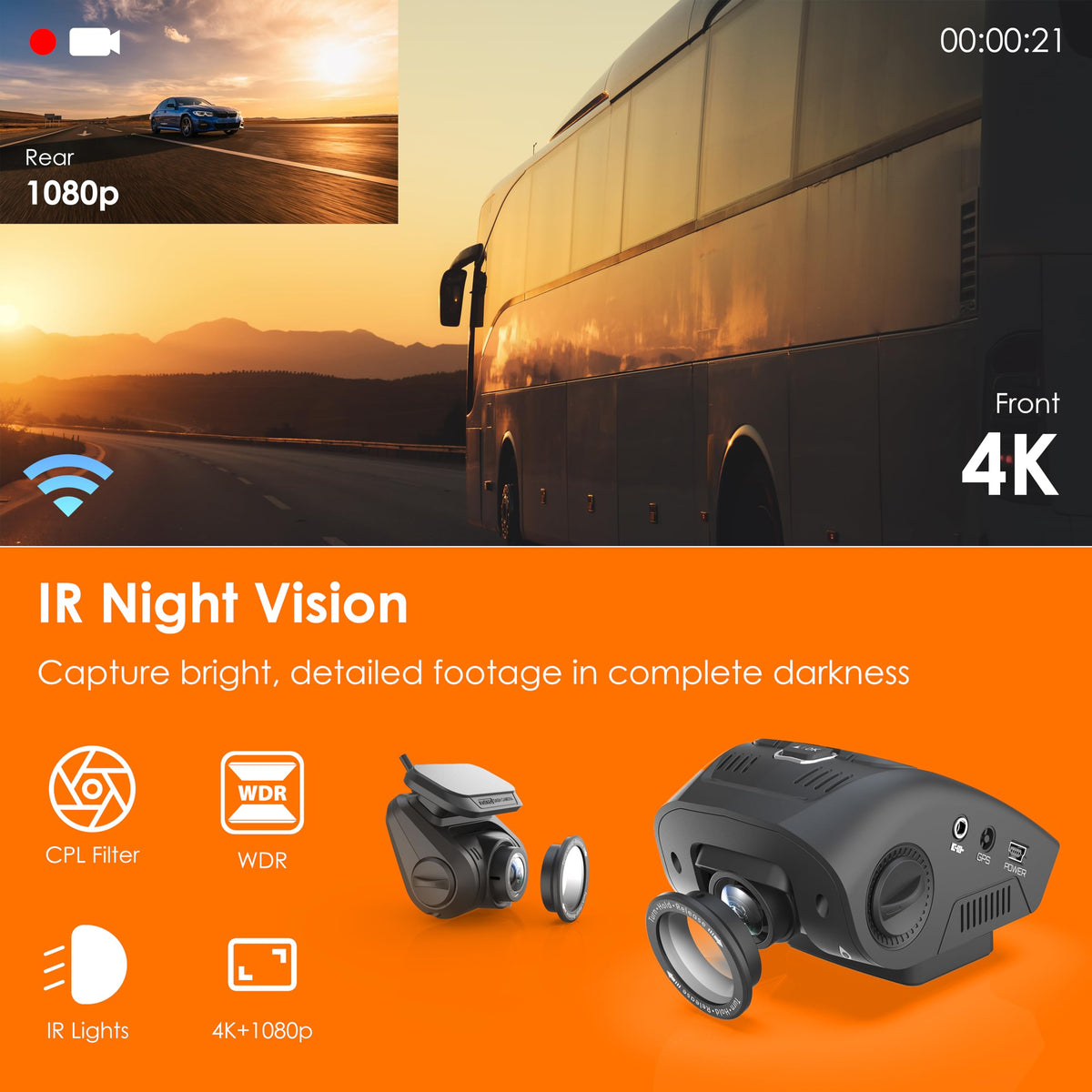 RexingUSA V1P SE 4K Dual Dash Cam w/GPS, Wi-Fi & 2pcs-CPL Filter | 512GB Support | Front 2160p, Rear 1080p | 170° Angle | G-Sensor | WDR | Loop Record | Parking Monitor