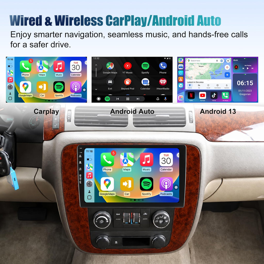 9 Inch QLED Touch Screen Car Stereo Radio Upgrade for GMC Sierra Yukon Chevy Silverado 2007-2013 Tahoe Replacement Android 13 Head Unit with CarPlay Android Auto WiFi Backup Camera (Mahogany)