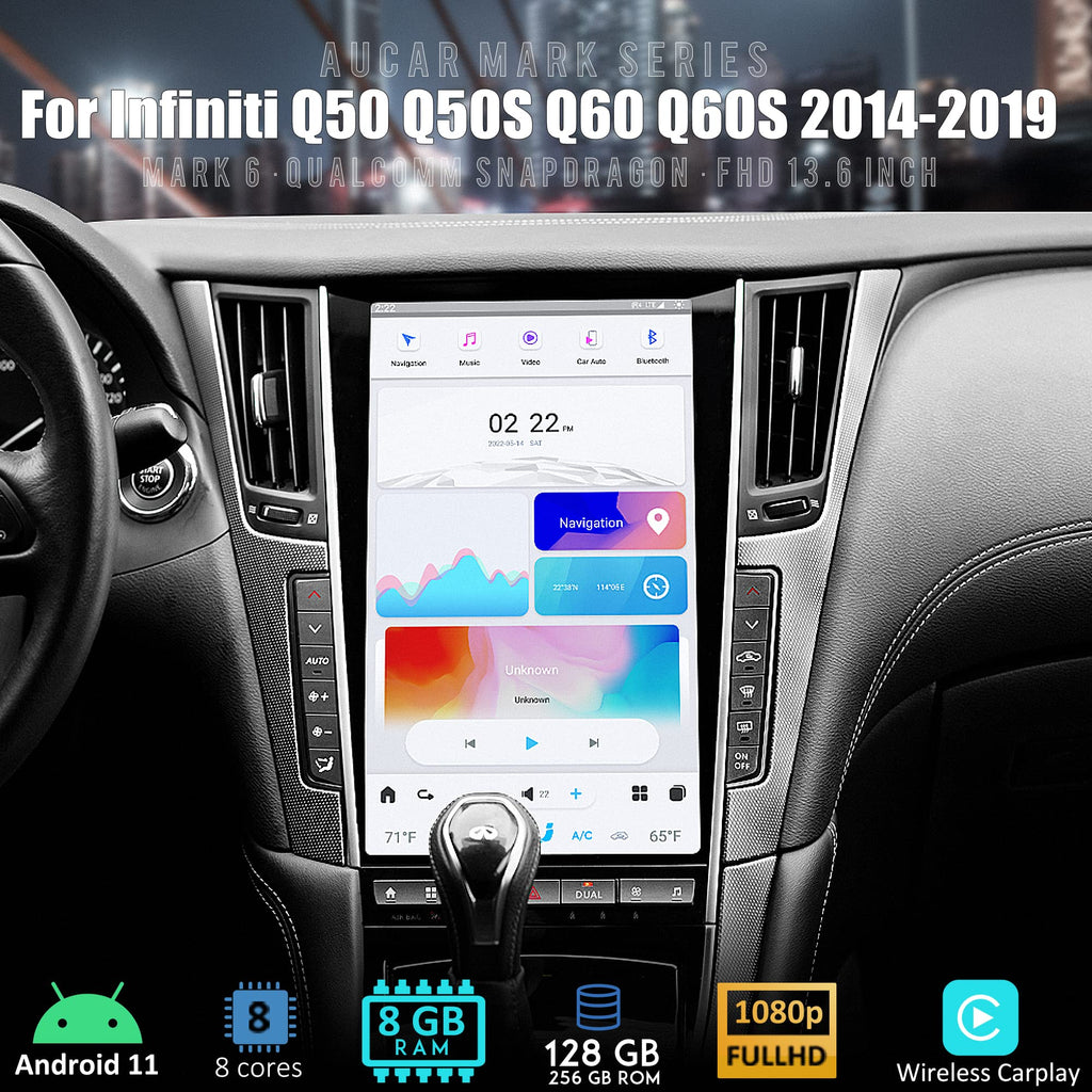 Aucar Mark 6 13.6 Inch T-Style Android Car Radio Head Unit for Infiniti Q50 Q50S Q60 Q60S, 1080P Multimedia Stereo Video Player with Wireless Carplay, GPS Navigation, OEM Functions 8+128 GB 2014-2019