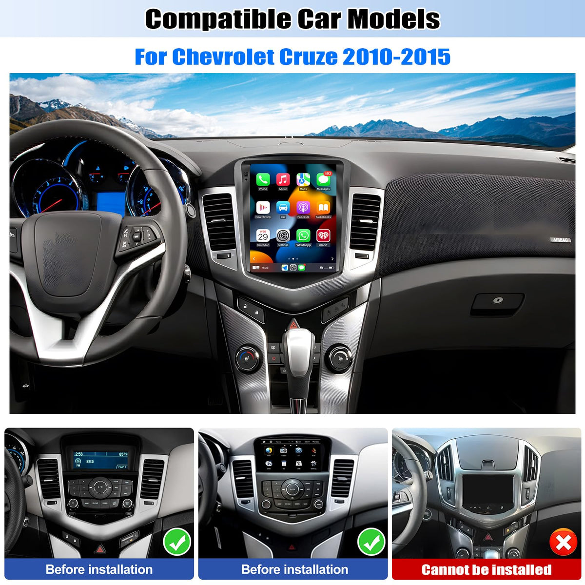 4G+64G Car Radio for Chevrolet Chevy Cruze 2009-2015 with Wireless CarPlay Android Auto 9.7" Touch Screen Android 15 Car Stereo with 32EQ GPS Navigation Bluetooth 5.0 WiFi RDS FM HD Backup Camera