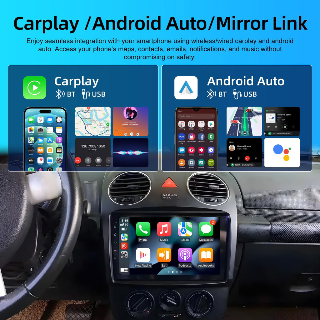 2+64G Wireless Carplay Android Car Radio for VW Beetle 2004-2010, 9 Inch Touchscreen with Android Auto/DSP/Multiple UI/GPS/WiFi + AHD Backup Camera
