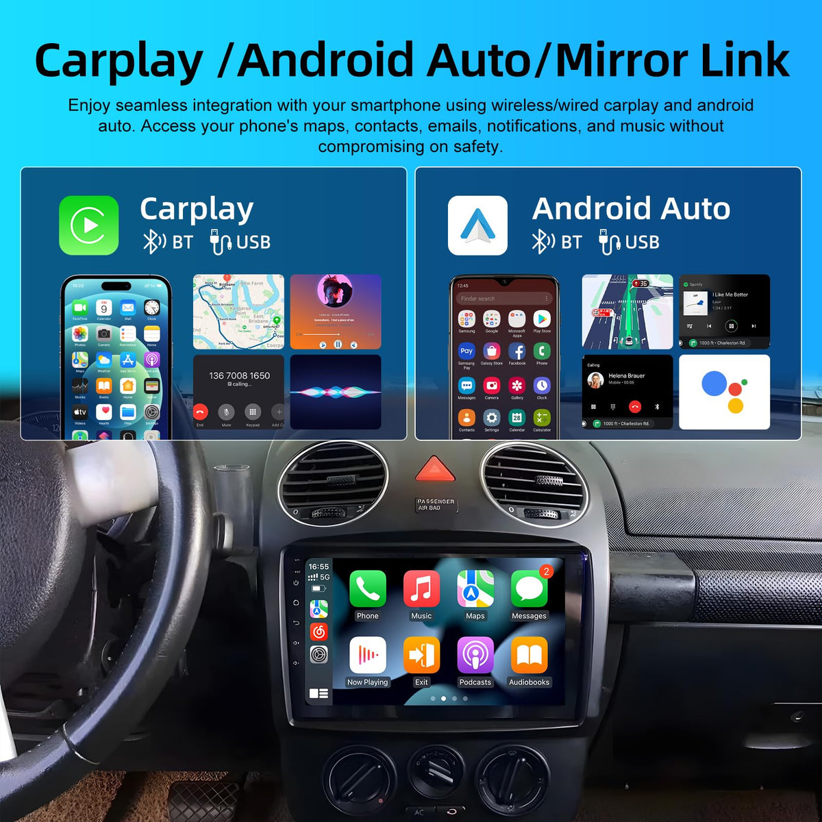 2+64G Wireless Carplay Android Car Radio for VW Beetle 2004-2010, 9 Inch Touchscreen with Android Auto/DSP/Multiple UI/GPS/WiFi + AHD Backup Camera
