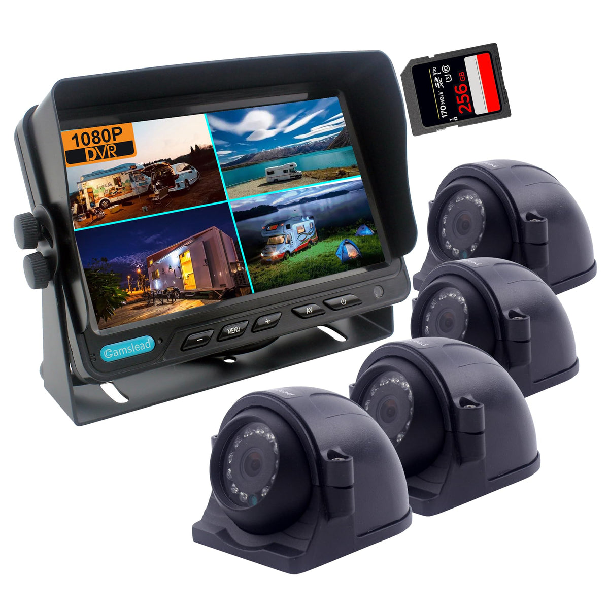 10 inch digital monitor 1080P HD Rear View Camera System with Wired, HD DVR Recorder, 4 Channel Input, Quad Split Screen, 4X 1080P Heavy Duty Waterproof Backup Side View Camera for RV Trailer