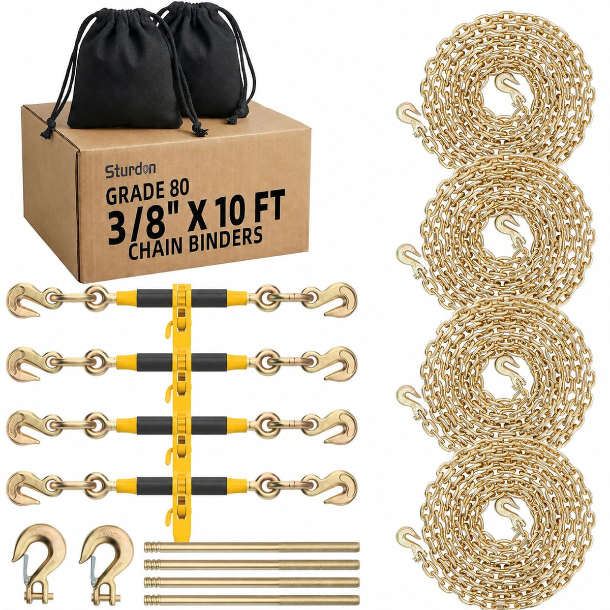 Ratchet Load Chain Binders Set, 3/8"-1/2" Binders, 3/8" x 10FT G80 Chain
