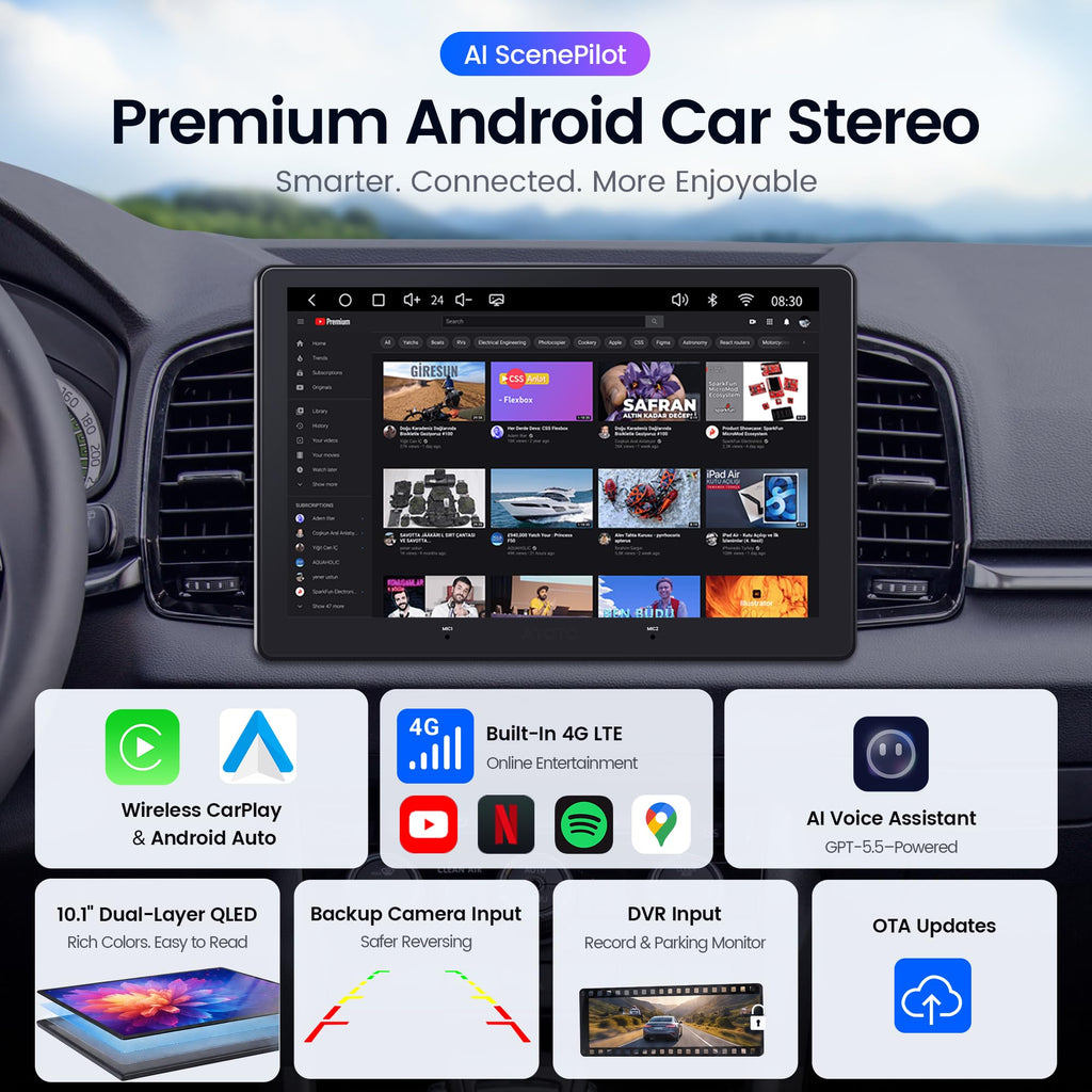 9" Android Doubel DIN Car Stereo, 4G LTE, 8 Core QLED AI Radio