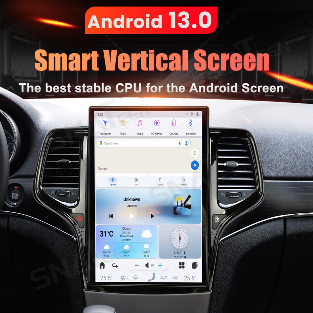 14.4" IPS Touch Screen Android 13 Car Stereo for Jeep Grand Cherokee 2014-2023, Tesla Style 8GB+128GB Head Unit Wireless CarPlay Android Auto GPS Navigation OEM Integrated (Black)
