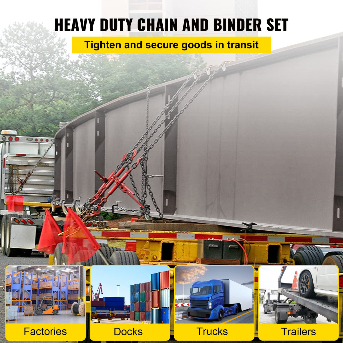 VEVOR Chain Load Binder Kit w/ (4) Ratchet Binders, 6600LB Capacity, (4) 21' G80 Chains + VEVOR (10) 18000LB Truck Straps, 4" x 30', Yellow