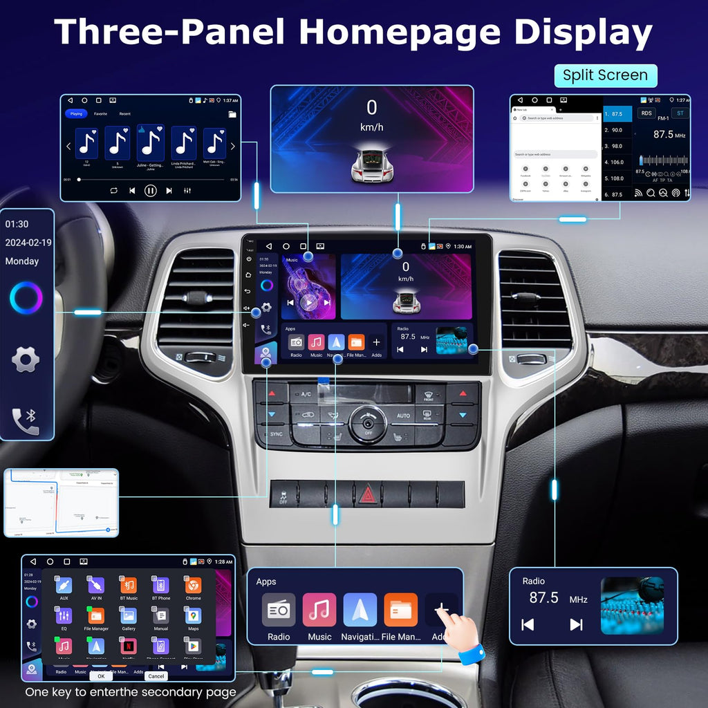 [4+64GB] Android Stereo for Jeep Grand Cherokee 2008-2013: 9 inch IPS Touchscreen Grand Cherokee Radio - Wireless Carplay and Android Auto, Customize Homepage, DSP/EQ, 5G/WiFi, SWC + Backup Camera