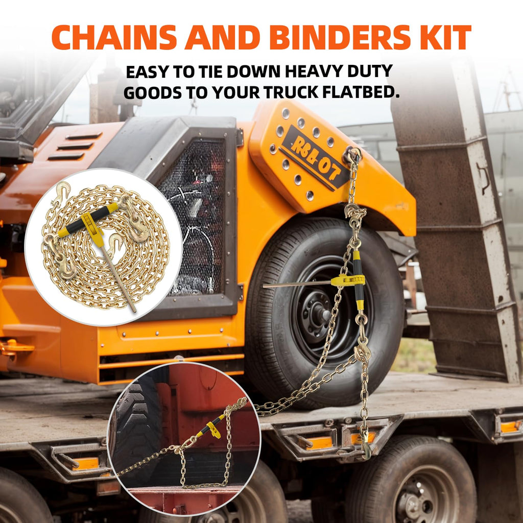 Ratchet Load Chain Binders Set, 3/8"-1/2" Binders, 3/8" x 10FT G80 Chain