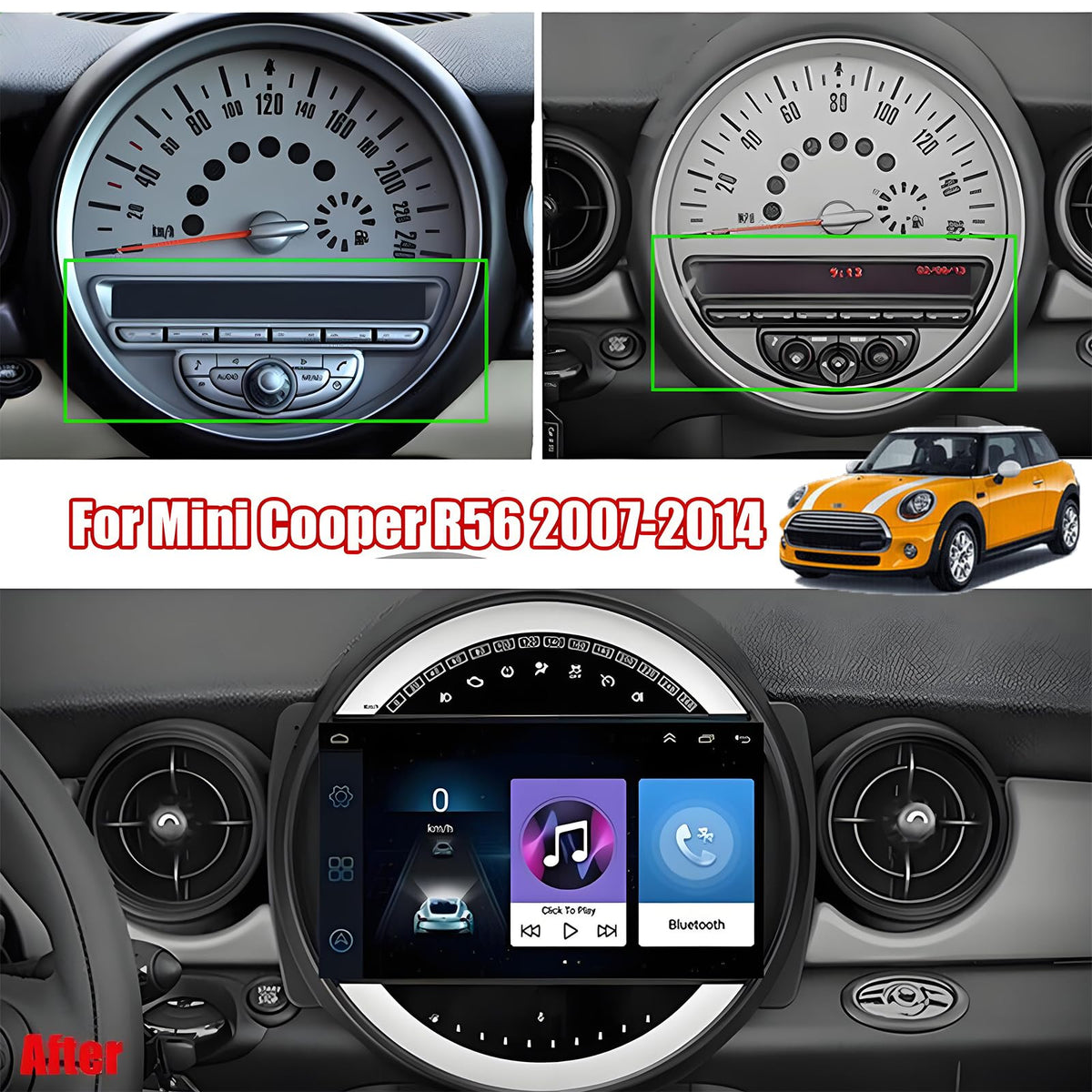 Car Stereo Radio for BMW Mini Cooper R56 2007-2014，9” Touch Screen Car Radio Receiver with Wireless/Wired Carplay Android Auto GPS Navigation Head Unit Bluetooth WiFi Rear Camera - 2G+32G