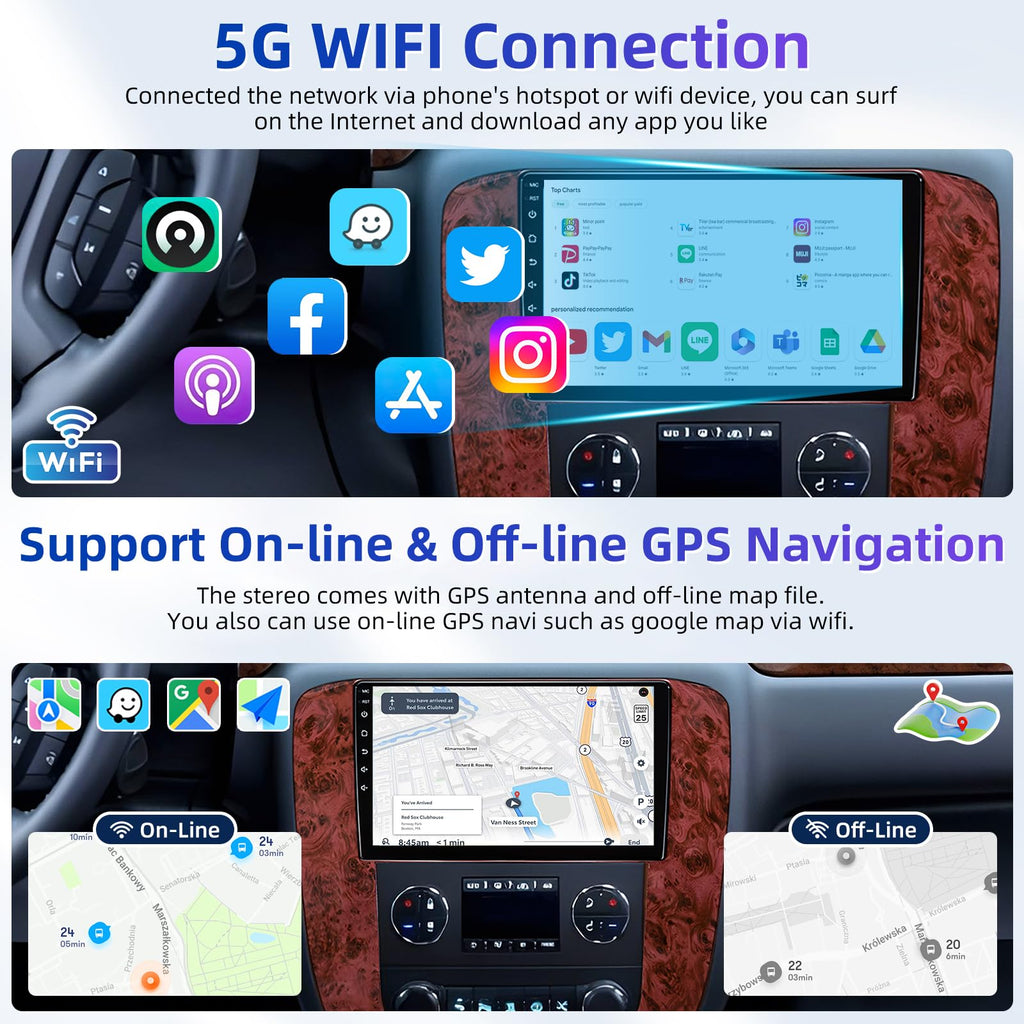 8Core 32ROM QLED Screen for GMC Yukon Sierra 2007-2013 Chevy Tahoe Suburban Silverado Radio: 9" HD IPS Touchscreen Android 15 Upgrade Carplay Android Auto GPS 5G WiFi Backup Camera FM SWC