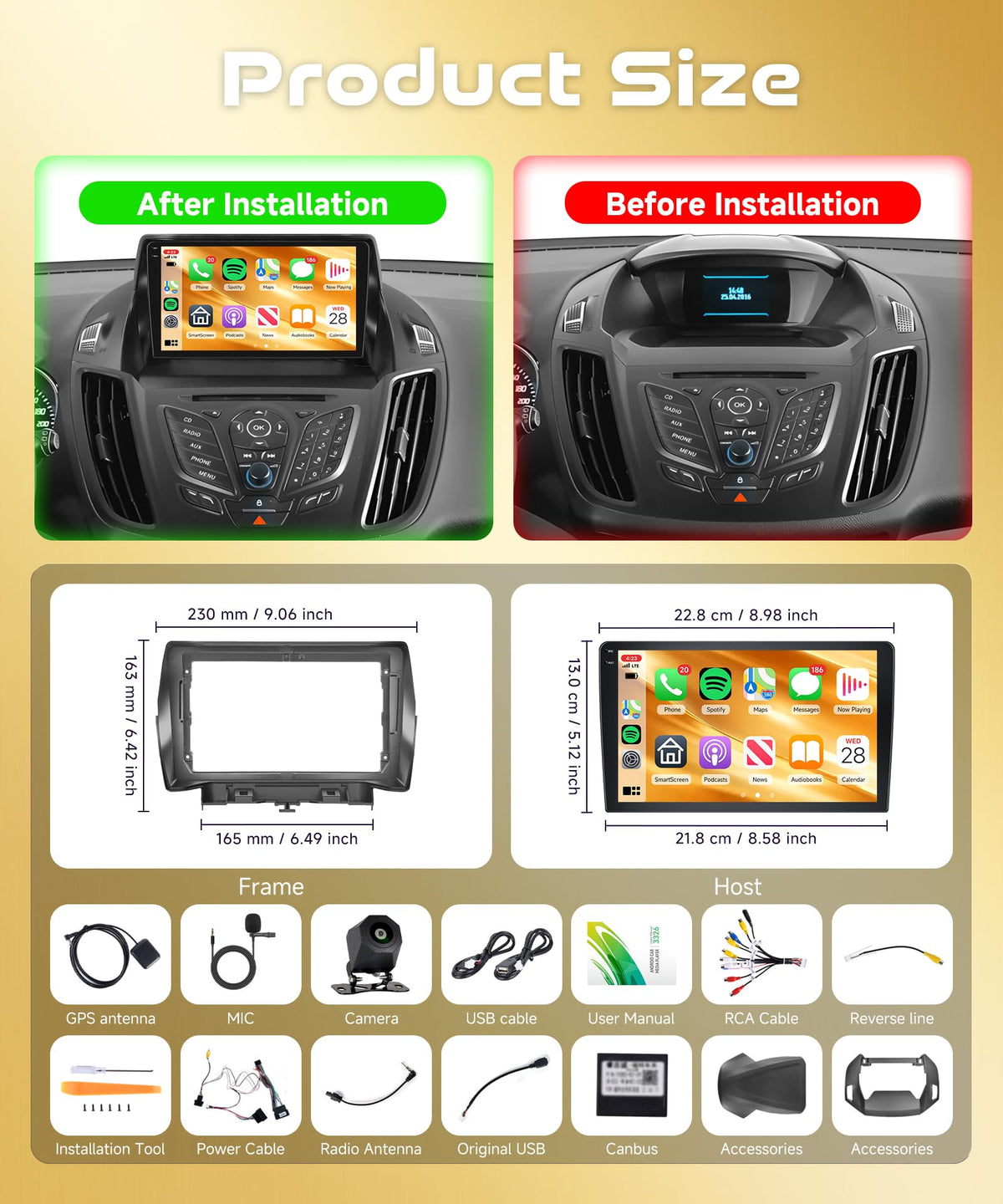 4G+64G Android Car Radio for Ford Escape 2013-2019 with Wireless CarPlay Android Auto, 9 Inch Touchscreen Car Stereo Mirror Link GPS Navigation WiFi Bluetooth FM RDS EQ SWC Backup Camera