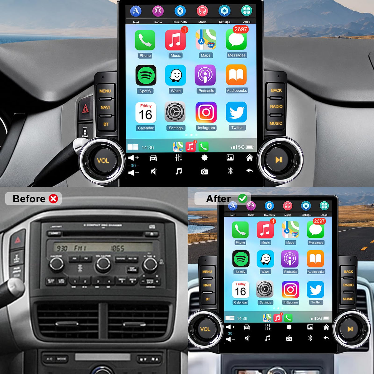 [2G+64G] Car Radio for Honda Pilot 2003 2004 2005 2006 2007 2008 with Wireless Carplay/Android Auto, 9.7 Inch Touch Screen Stereo with GPS Navigation/Bluetooth 5.0/5GHz WiFi/Backup Camera