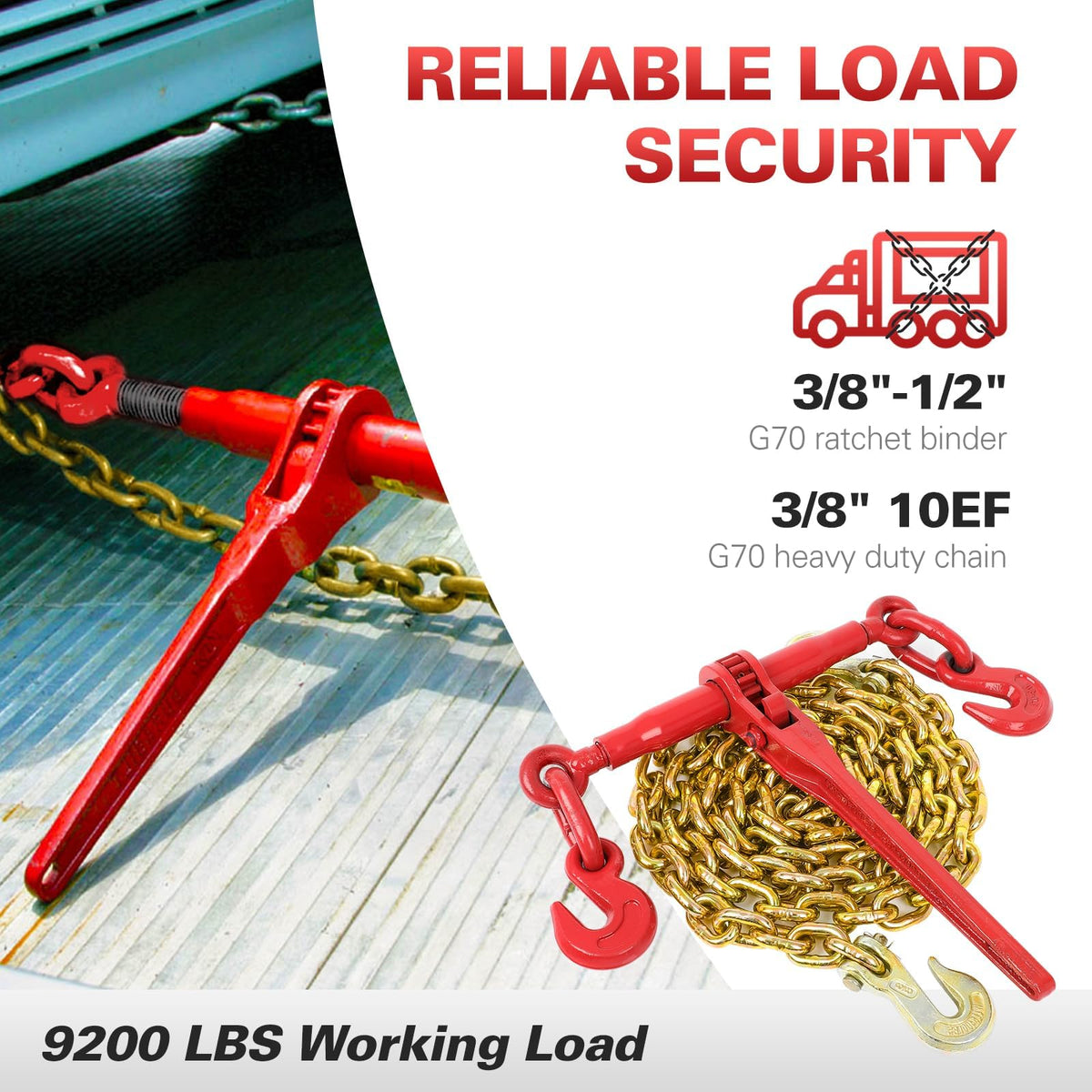 3/8" to 1/2" Ratchet Chain Binder 2 Pack with 3/8" x 10FT G80 Binder Chain G70 Hook, 9200LBS Working Load Tie Down Chain for Flatbed Truck Trailer
