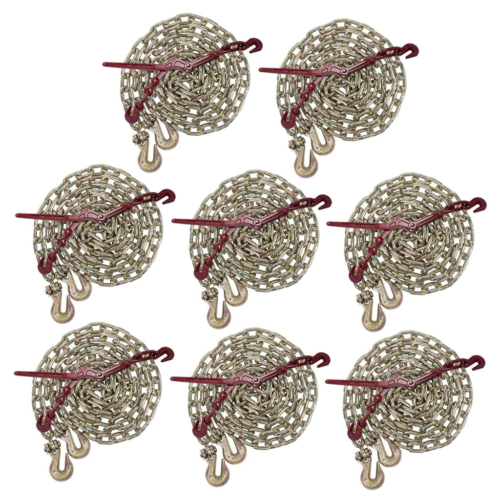 Mytee Products 5/16" Grade 70 Chain and Binder Kit | Includes (8) 5/16-3/8" G70 Lever Style Snap Binder & (8) 5/16" x 20' G70 Chain w/Grab Hooks | 5400 lbs Safe Load Limit for Truck & Flatbed Trailer