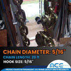 Transport Binder Chains 6 Pack, 5/16" x 20 Ft Heavy Duty Logging Tie Downs with G70 Clevis Grab Hooks