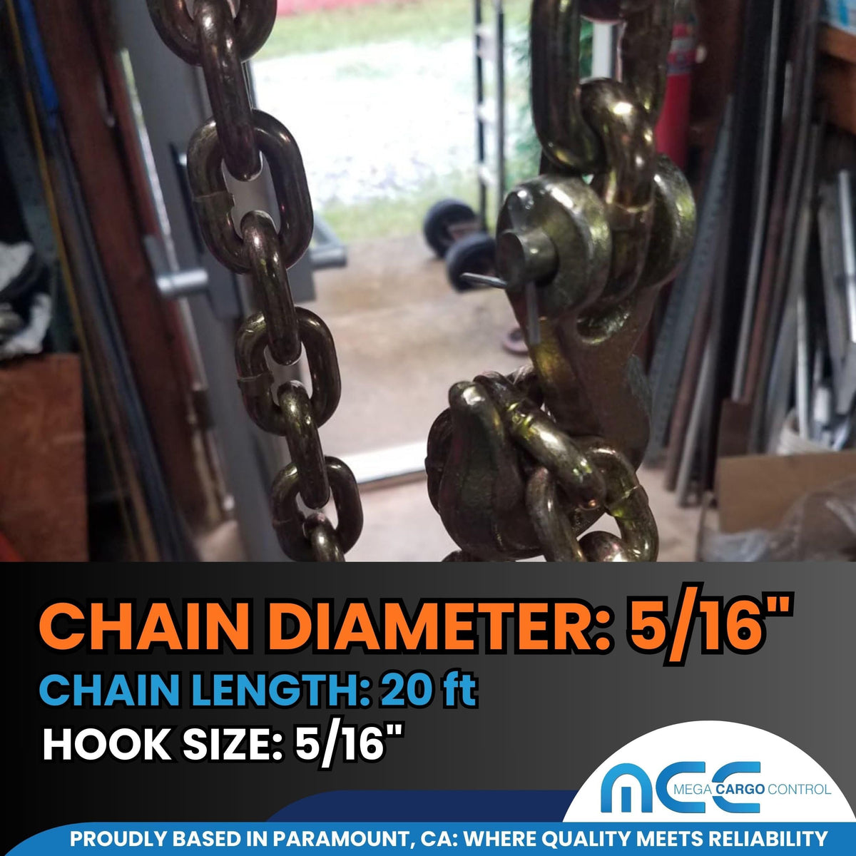 Transport Binder Chains 6 Pack, 5/16" x 20 Ft Heavy Duty Logging Tie Downs with G70 Clevis Grab Hooks
