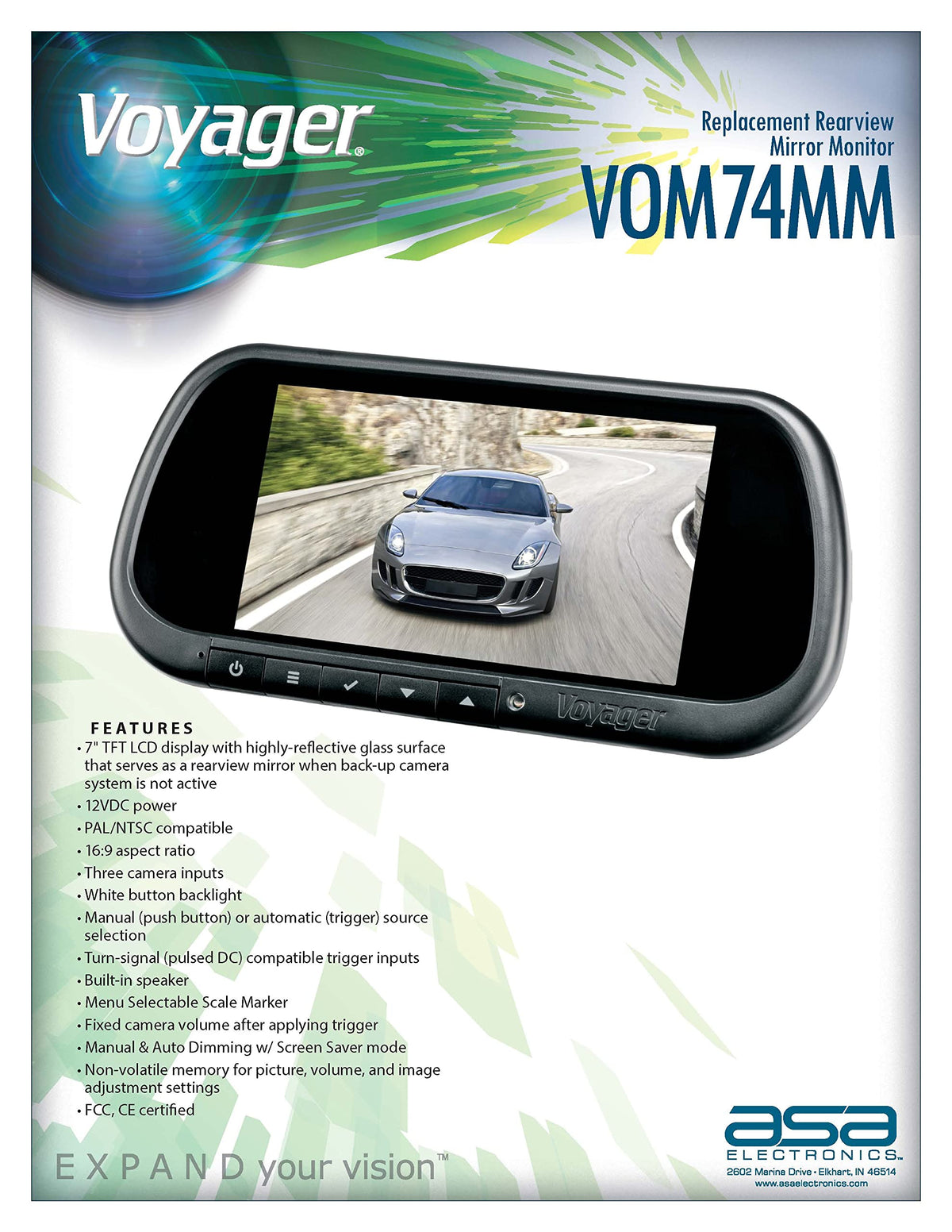 Voyager VOM74MM Rearview Mirror Monitor, 7inch TFT LCD Display w/ Highly-reflective Glass Surface Serving as When Back-Up Camera is not Active, 3 Inputs, Built-In Speaker Black (Renewed)