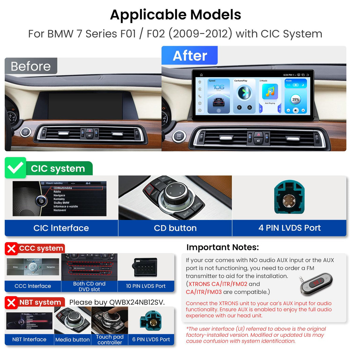 XTRONS Qualcomm 685 Android 14 Car Stereo for BMW 7 Series F01 / F02 (2009-2012) with CIC System, 12.3 Inch 2K IPS Touch Screen GPS Navigation Support Wireless CarPlay Android Auto (8+256G)