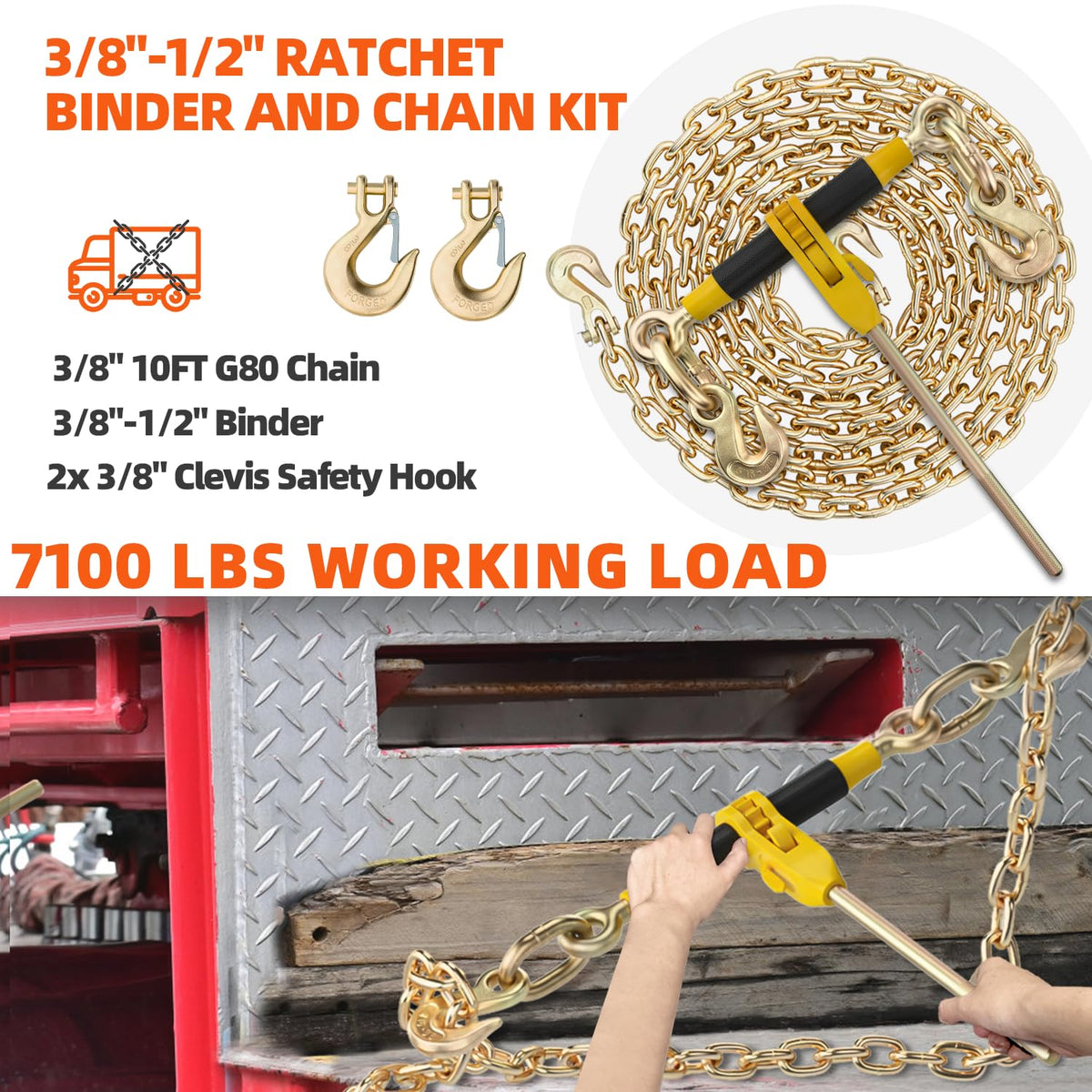 Ratchet Load Chain Binders Set, 3/8"-1/2" Binders, 3/8" x 10FT G80 Chain