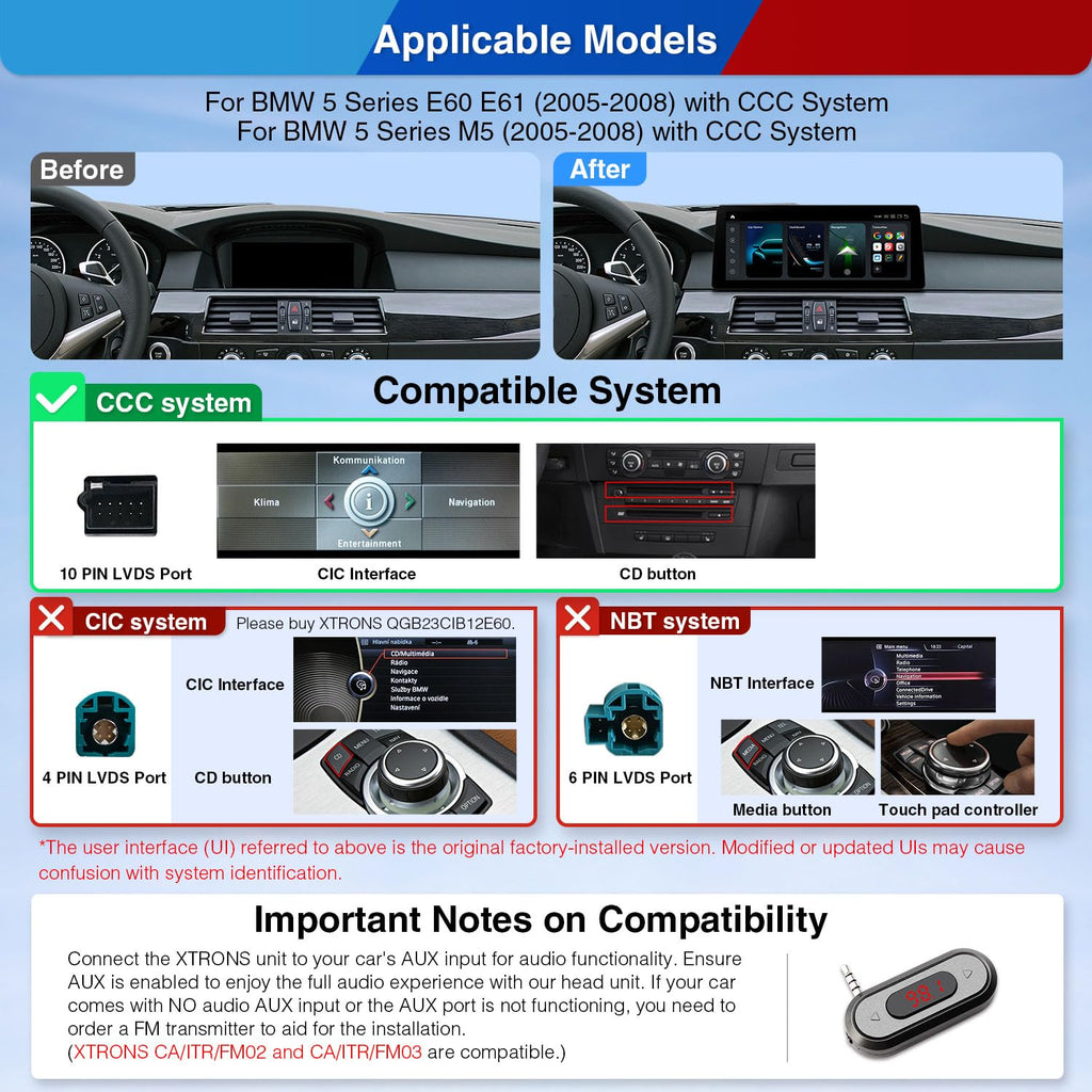 XTRONS 12.3 Inch Android 14 Qualcomm 680 Car Stereo for BMW 5 Series E60/E61/M5 (2005-2008) CCC System, IPS Touch Screen 8+128GB Car Radio GPS Navigation Support Wireless CarPlay Android Auto