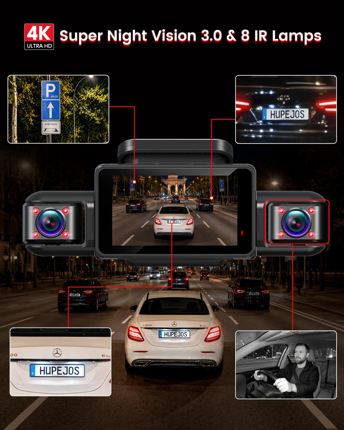 AI 4K Dash Cam Front and Rear, 360° View 4 Channel Camera for Car