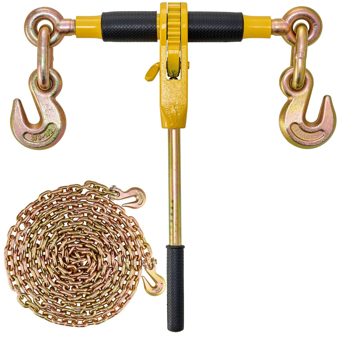 Ratchet Chain Binder, 5/16"-3/8" Heavy-Duty Load Binders, Featuring G80 Chains 7100 lbs Secure Limit, 4 P, Labor-Saving Anti-Skid Handle, Tie Down Hauling for Flatbed Truck Trailer