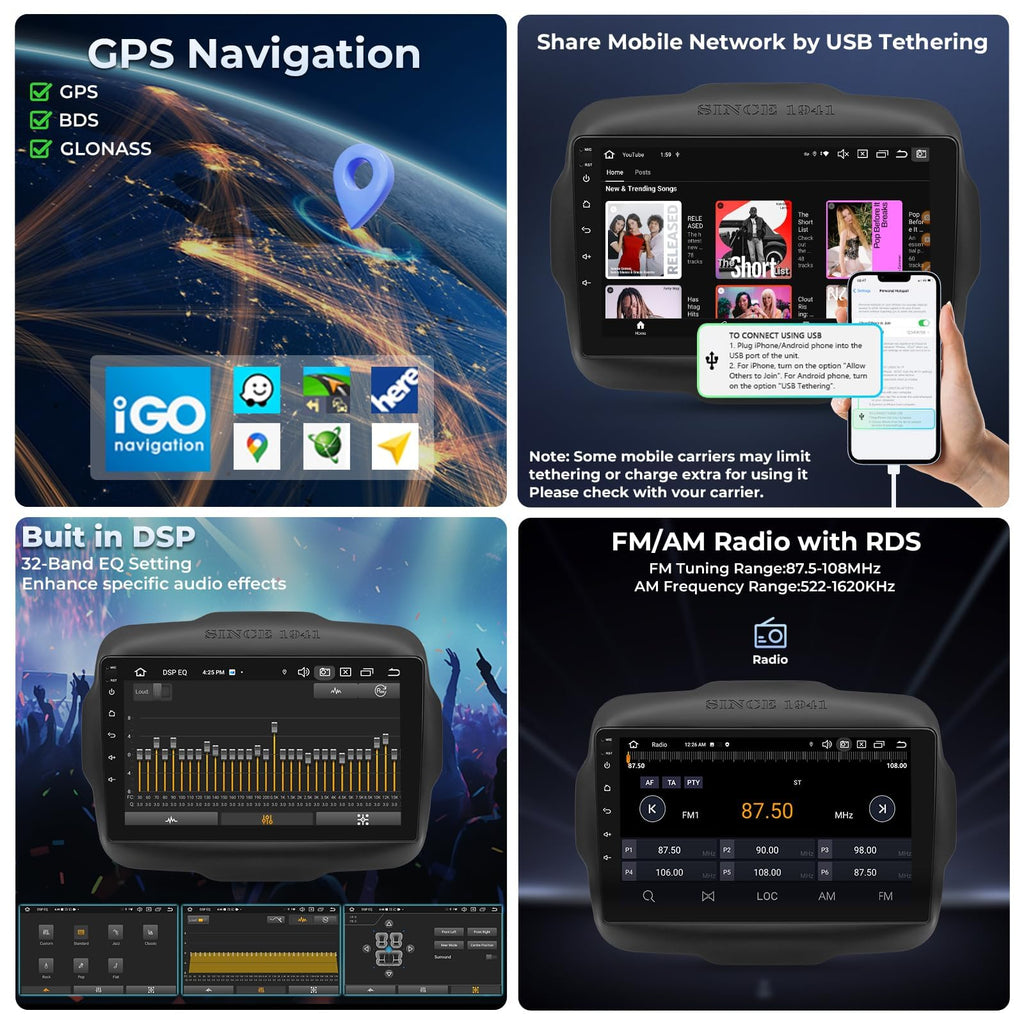 Android 14 Car Stereo Radio for Jeep Renegade 2015-2023, 9 inch QLED Touch Screen GPS Navigation Bluetooth Head Unit Built-in Car Auto Play Support 4G LTE WiFi SWC DSP 6+64GB