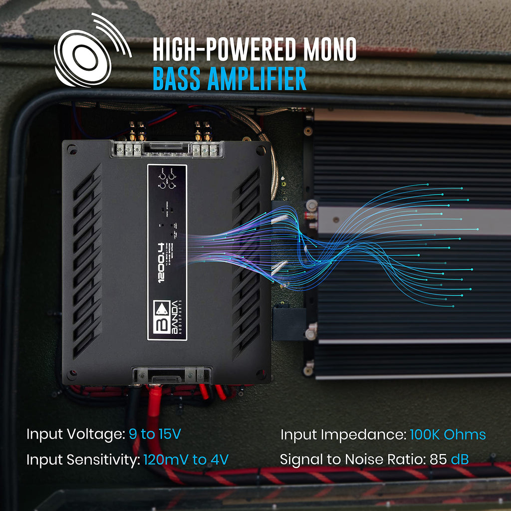 4-Channel Vehicle Audio Amplifier - 300 Watts D Class High-Powered Mono Amplifier w/Subsonic Filter & Low Pass Filter Stable @ 1 Ohm, LED Indicators, Sound Specialization - Banda 1200.41OHM