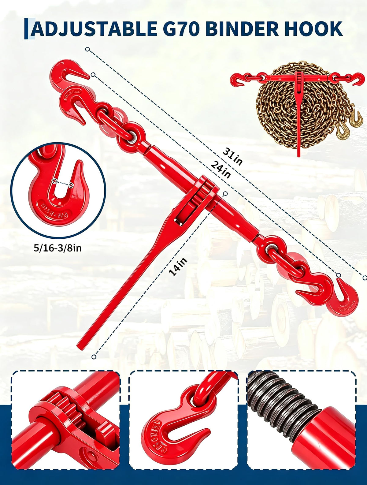 Garvee 4 Sets 10FT Chain and Binder Kit, 5/16''-3/8'' Ratchet Chain Binder