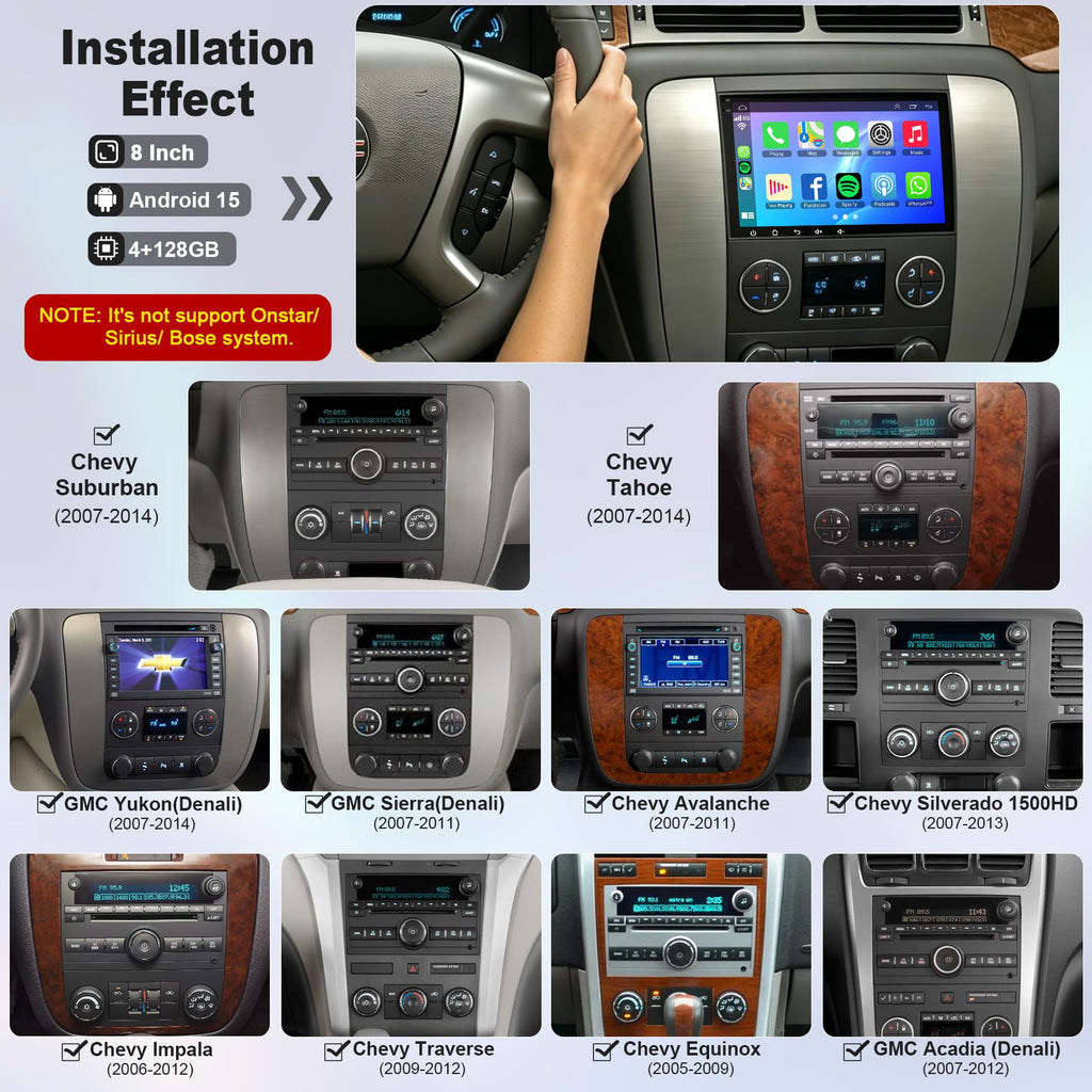 [8-core+128G] 8 Inch Car Radio for Chevy Silverado GMC Sierra Yukon 2007-2012, QLED Touch Screen GPS Navigation Stereo Upgrade with CarPlay Android Auto, Backup Camera, SWC, Bluetooth, Android 15