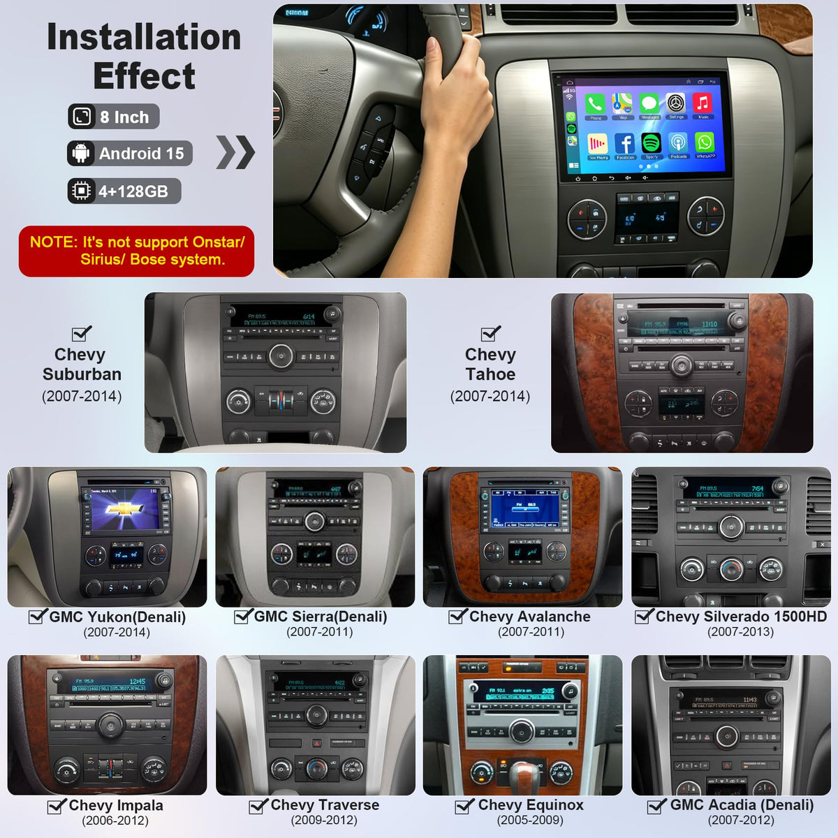 [8-core+128G] 8 Inch Car Radio for Chevy Silverado GMC Sierra Yukon 2007-2012, QLED Touch Screen GPS Navigation Stereo Upgrade with CarPlay Android Auto, Backup Camera, SWC, Bluetooth, Android 15