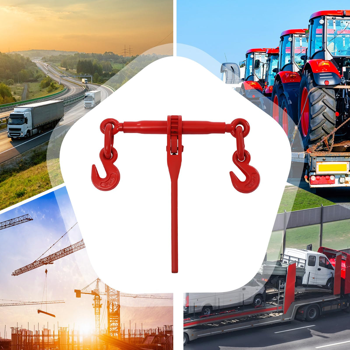 Heavy-Duty 3/8"-1/2" Ratchet Chain Binder, 9200 lbs Load Capacity, Adjustable 24-32in Length, G70 Hooks, Industrial Tie-Down Lever Binder for Hauling & Towing, Red