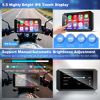 52HZ Motorcycle Carplay Android Auto with 5.5" Waterproof Touchscreen, TPMS, Millimeter Wave Radar, GPS Navigation,Dual 2K Dash Cam,BT,Real-time Alerts,OTA Updates,Quick Release Anti-Theft Mount