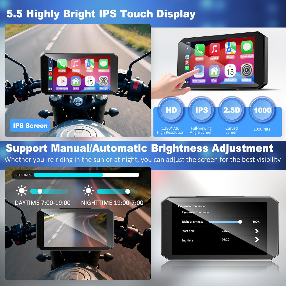 52HZ Motorcycle Carplay Android Auto with 5.5" Waterproof Touchscreen, TPMS, Millimeter Wave Radar, GPS Navigation,Dual 2K Dash Cam,BT,Real-time Alerts,OTA Updates,Quick Release Anti-Theft Mount